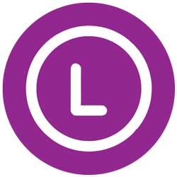 A white clock icon on a purple background.