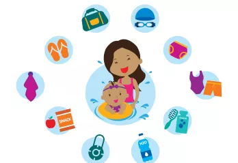 Graphic of mom and daughter with swim lesson essentials