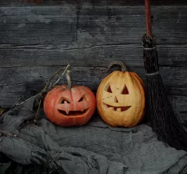 Two pumpkins and a witches broom 