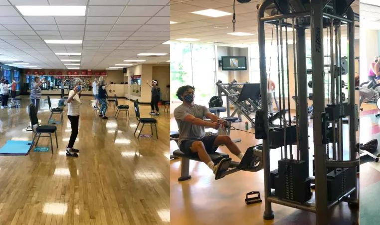 YMCA members workout in the wellness center, in a group exercise class for seniors and in a cycling group exercise studio while wearing their masks during the COVID pandemic. 
