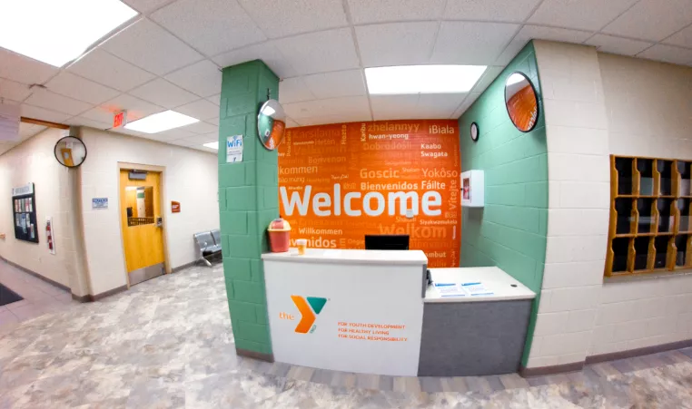 The Welcome Desk at the Lionville Community YMCA, one of seven branches of the YMCA of Greater Brandywine that is welcoming Chester County residents and visitors to use branch amenities for free during the Gift of Health.