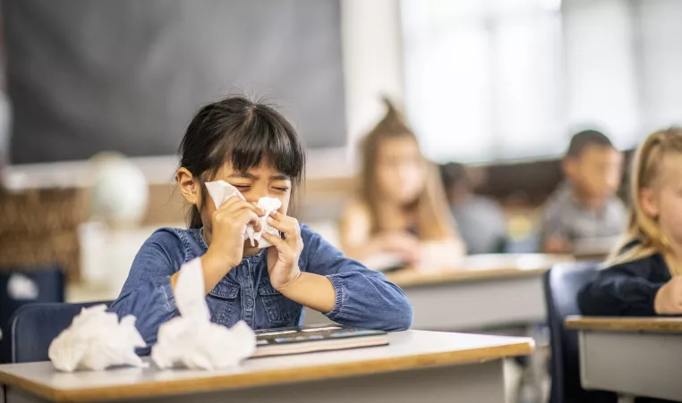 Child sneezes into a tissue at her desk in school