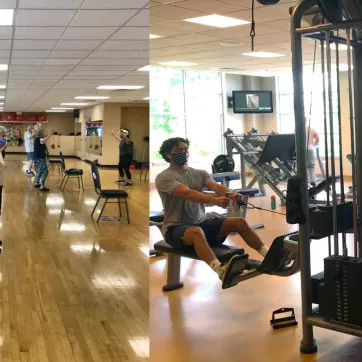 YMCA members workout in the wellness center, in a group exercise class for seniors and in a cycling group exercise studio while wearing their masks during the COVID pandemic. 