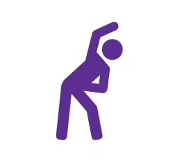 A purple icon of a person stretching.